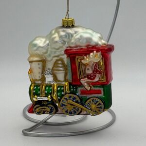 Santa and Reindeer Steam Train Glass Christmas Ornament Red Green Glitter 4.5in